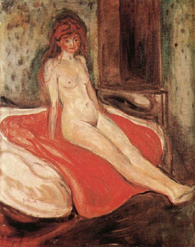 The Gril sitting on the red quilt, Edvard Munch